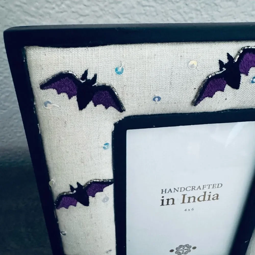 Halloween Bat Beaded Boho Wooden Picture Frame 4x6